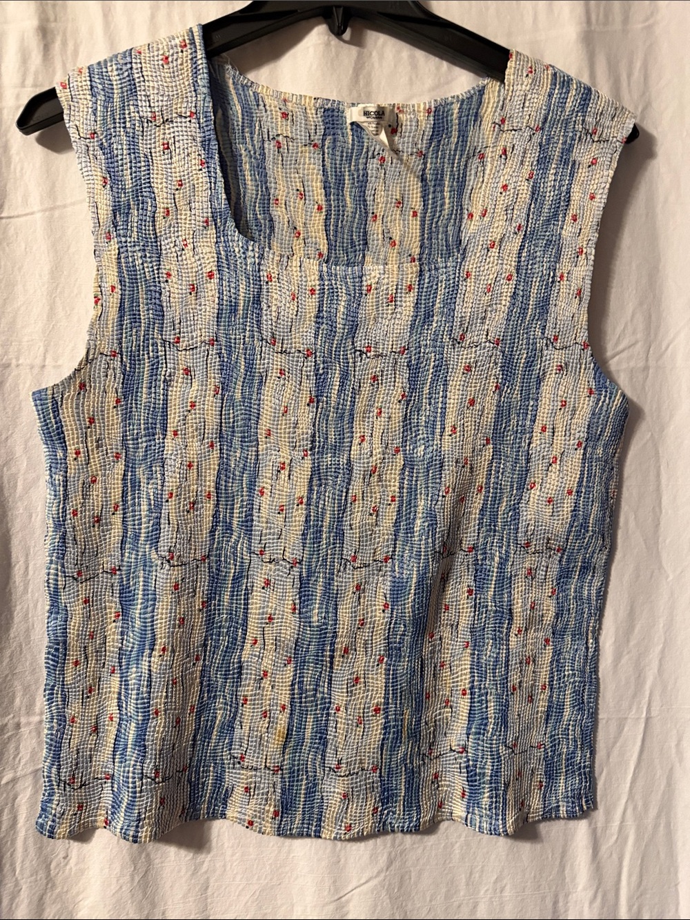 Nicola Blue and White Striped Sleeveless Tank with Red Dot Detail